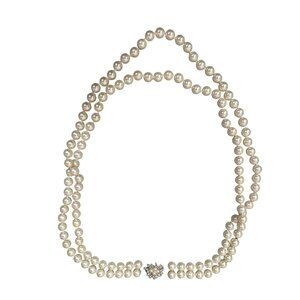 Vintage Marvella Double Strand Faux Pearl Necklace Fancy Flower Rhinestone Clasp